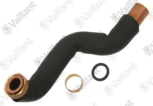 Vaillant Rohr mit gebogenem Design, einer Enden mit einer Metallüberwurfmutter und einer Dichtungsring sowie einer weiteren Dichtung.